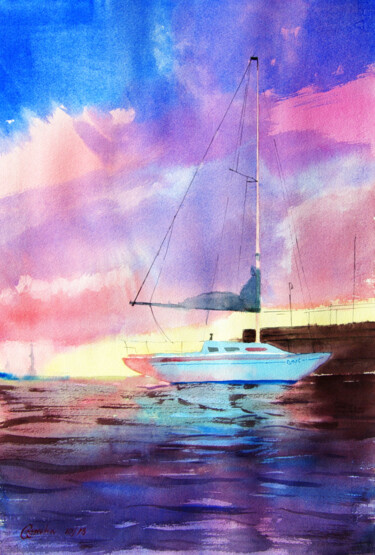 Malarstwo zatytułowany „Sunset sailboat” autorstwa Elena Gaivoronskaia, Oryginalna praca, Akwarela