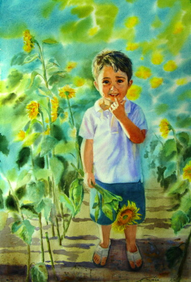 Peinture intitulée "A shy boy" par Elena Gaivoronskaia, Œuvre d'art originale, Aquarelle