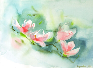 Malerei mit dem Titel "Magnolia brunch" von Elena Gaivoronskaia, Original-Kunstwerk, Aquarell