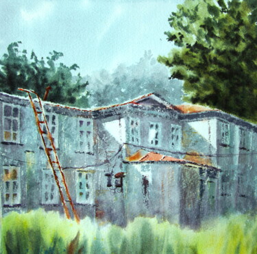 Pintura intitulada "House with ladder" por Elena Gaivoronskaia, Obras de arte originais, Aquarela