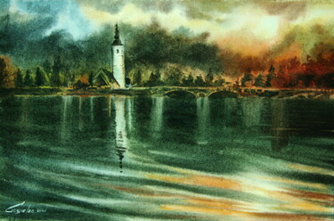Peinture intitulée "Sunset over the lake" par Elena Gaivoronskaia, Œuvre d'art originale, Aquarelle