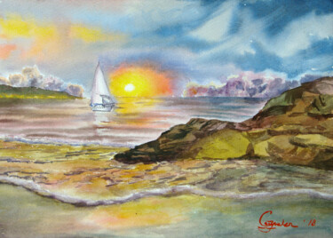 Malarstwo zatytułowany „Sailboat at sunset” autorstwa Elena Gaivoronskaia, Oryginalna praca, Akwarela