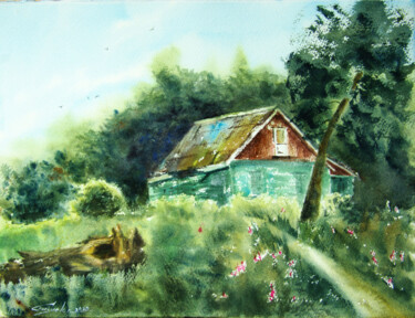 Schilderij getiteld "Green wobbly house" door Elena Gaivoronskaia, Origineel Kunstwerk, Aquarel