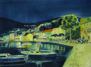 Painting titled "Evening in Croatia" by Elena Gaivoronskaia, Original Artwork, Watercolor