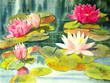 Painting titled "Water lilies" by Elena Gaivoronskaia, Original Artwork, Watercolor