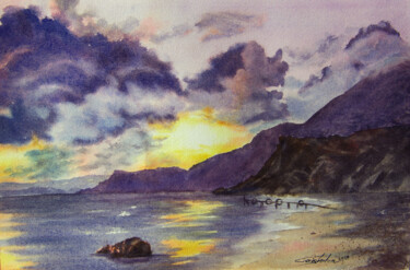 Painting titled "Meeting the sunset" by Elena Gaivoronskaia, Original Artwork, Watercolor