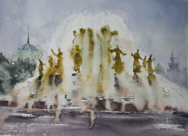 Pintura intitulada "Fountain of Peoples…" por Elena Gaivoronskaia, Obras de arte originais, Aquarela
