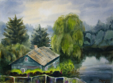 Painting titled "Dawn in the village" by Elena Gaivoronskaia, Original Artwork, Watercolor