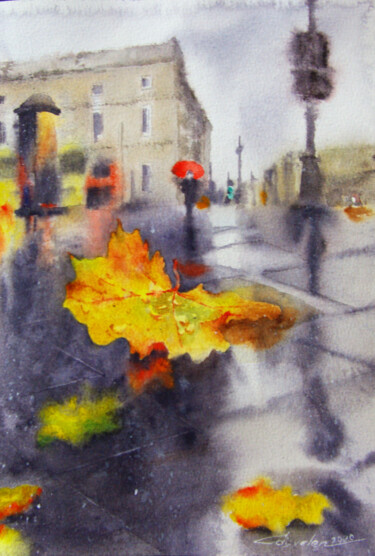 Malerei mit dem Titel "Rainy day in the ci…" von Elena Gaivoronskaia, Original-Kunstwerk, Aquarell