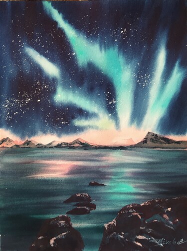 Painting titled "Aurora Borealis" by Elena Gaivoronskaia, Original Artwork, Watercolor