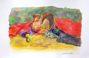 Painting titled "Breakfast on the gr…" by Elena Gaivoronskaia, Original Artwork, Watercolor