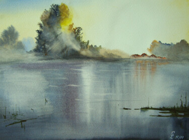 Painting titled "Fog over the river" by Elena Gaivoronskaia, Original Artwork, Watercolor