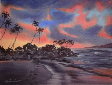 Pittura intitolato "Sunset in Hawaii" da Elena Gaivoronskaia, Opera d'arte originale, Acquarello