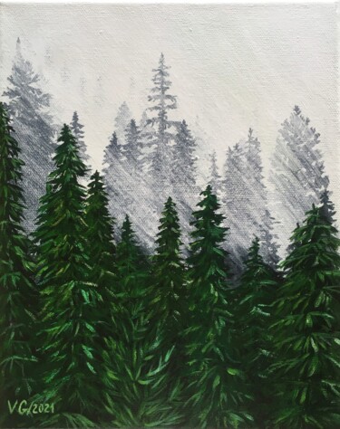 Painting titled "Forest in the fog" by Elena Galeeva, Original Artwork, Acrylic