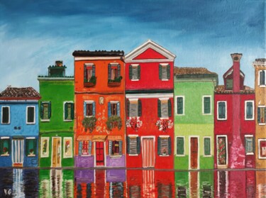 Painting titled "City ​​of bright co…" by Elena Galeeva, Original Artwork, Oil