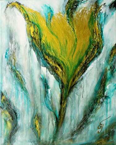 Painting titled "Fleur d'hiver dorée" by Elena Gerasimova, Original Artwork, Acrylic Mounted on Wood Stretcher frame