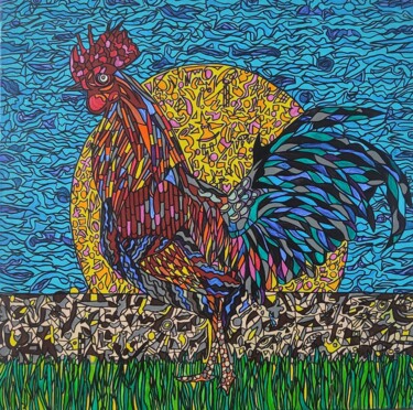 Painting titled "Rooster" by Elena Giger, Original Artwork, Acrylic Mounted on Wood Stretcher frame