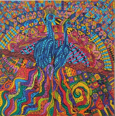 Картина под названием "Magic Firebirds" - Elena Giger, Подлинное произведение искусства, Акрил Установлен на Деревянная рама…