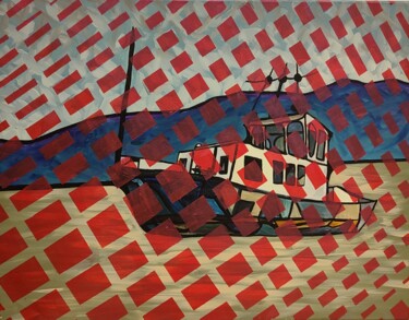 Painting titled "The Fishboat." by Elena Giger, Original Artwork, Acrylic Mounted on Wood Stretcher frame