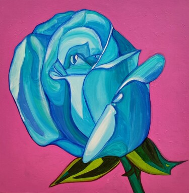Painting titled "Blue Rose" by Elena Giger, Original Artwork, Acrylic Mounted on Wood Stretcher frame