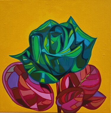 Painting titled "Green Rose" by Elena Giger, Original Artwork, Acrylic Mounted on Wood Stretcher frame