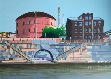 Painting titled "Old Gasholder on th…" by Elena Giger, Original Artwork, Acrylic Mounted on Wood Stretcher frame
