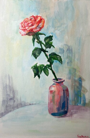 Painting titled "Роза в вазе" by Elena Gladkova, Original Artwork, Acrylic