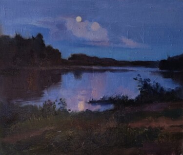 Картина под названием "11 «Луна над рекой»" - Елена Гришина, Подлинное произведение искусства, Масло