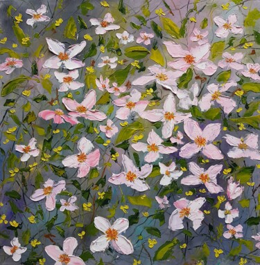 Painting titled "CLEMATIS MONTANA" by Elena Guillaumin, Original Artwork, Oil Mounted on Wood Stretcher frame