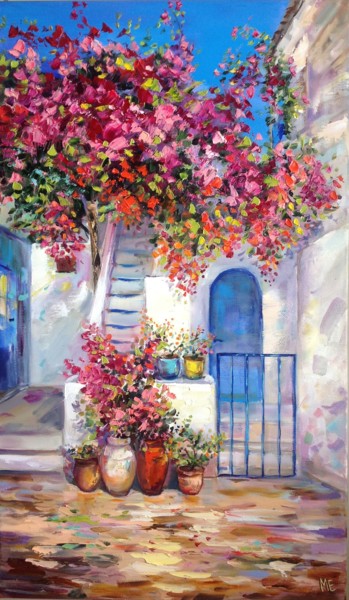 Painting titled "Greek courtyard" by Elena Hontar, Original Artwork, Oil