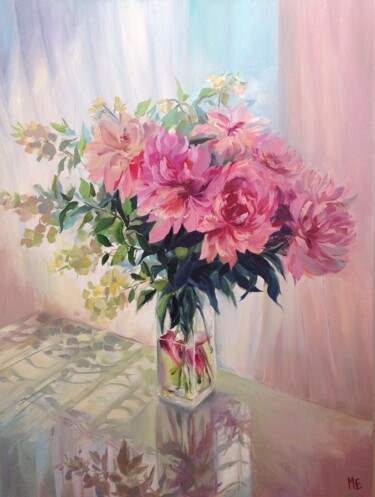 Painting titled "Peonies with jasmine" by Elena Hontar, Original Artwork, Oil