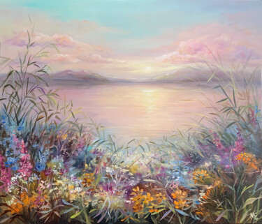 Painting titled "Pink dawn on the la…" by Elena Hontar, Original Artwork, Oil