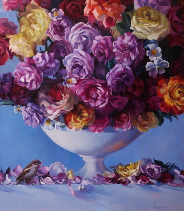Peinture intitulée ""Roses and Sparrow"" par Elena I Gennady Vylusk (Goshiki), Œuvre d'art originale, Huile