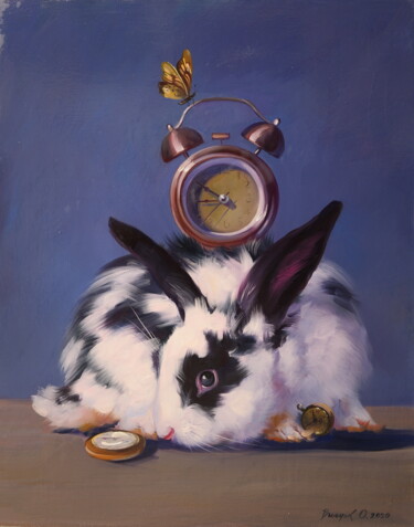 Painting titled ""Rabbit and clock"" by Elena I Gennady Vylusk (Goshiki), Original Artwork, Oil Mounted on Wood Stretcher fr…