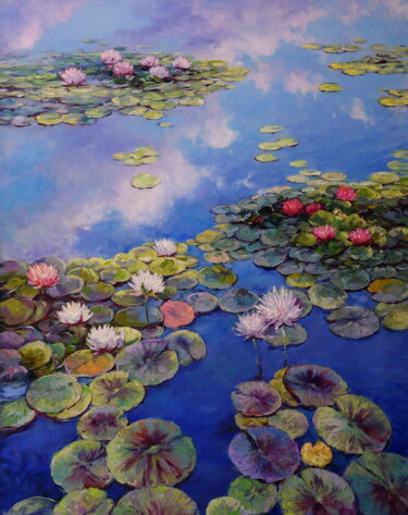 Painting titled ""WATER LILIES ON TH…" by Elena I Gennady Vylusk (Goshiki), Original Artwork, Oil Mounted on Wood Stretcher…