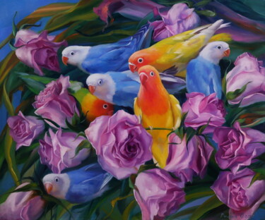 Painting titled ""ROSES AND PARROTS"" by Elena I Gennady Vylusk (Goshiki), Original Artwork, Oil Mounted on Wood Stretcher f…
