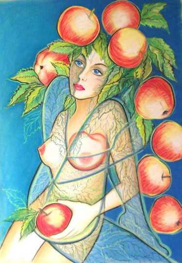 Painting titled "Woman - apple tree" by Elena Ilina, Original Artwork, Pastel