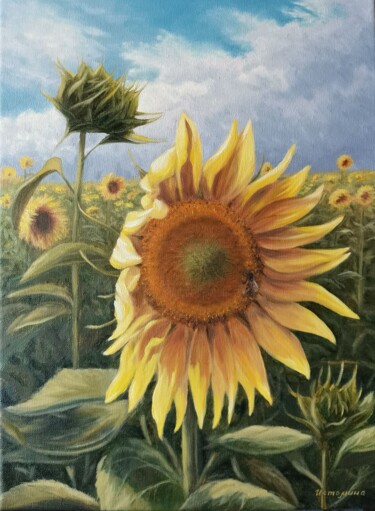 Painting titled "Sunflower" by Elena Istomina, Original Artwork, Oil Mounted on Wood Stretcher frame