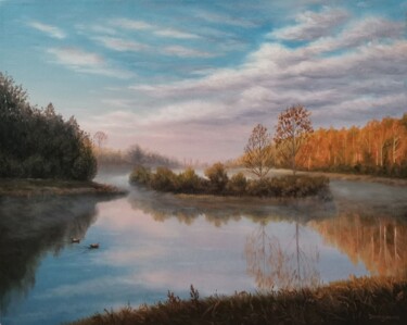 Painting titled "Early autumn" by Elena Istomina, Original Artwork, Oil Mounted on Wood Stretcher frame