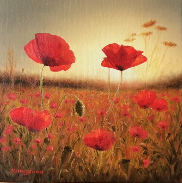 Painting titled "Sunset in a poppy f…" by Elena Istomina, Original Artwork, Lacquer Mounted on Cardboard