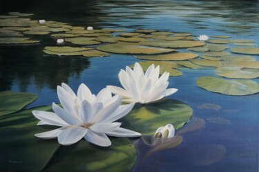 Painting titled "Water lilies" by Elena Istomina, Original Artwork, Lacquer Mounted on Wood Stretcher frame