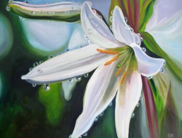 Painting titled "Lily white Floral O…" by Elena Ivanova, Original Artwork, Oil Mounted on Wood Stretcher frame