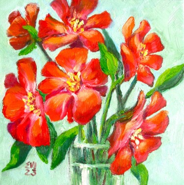 Painting titled "Red roses in vase F…" by Elena Ivanova, Original Artwork, Oil Mounted on Wood Stretcher frame