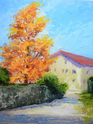 Картина под названием "Autumn Landscape Or…" - Elena Ivanova, Подлинное произведение искусства, Масло Установлен на картон