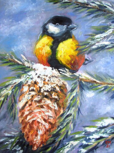 Peinture intitulée "Bird Winter Origina…" par Elena Ivanova, Œuvre d'art originale, Huile Monté sur Carton