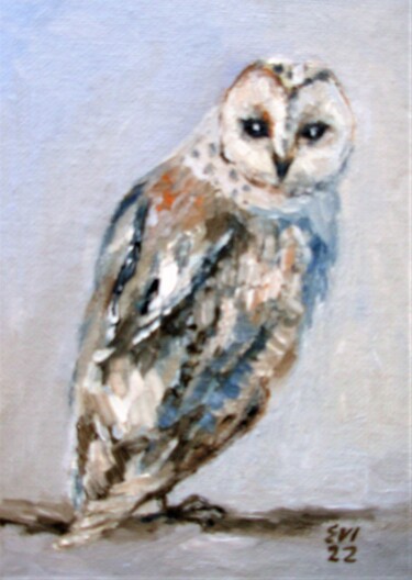 Painting titled "Owl Bird Original o…" by Elena Ivanova, Original Artwork, Oil Mounted on Cardboard