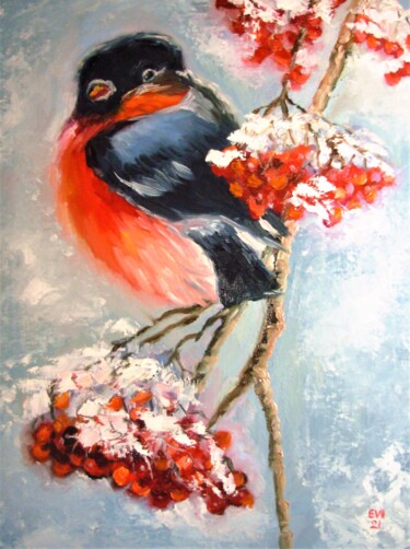 Painting titled "Bird Winter Origina…" by Elena Ivanova, Original Artwork, Oil Mounted on Cardboard