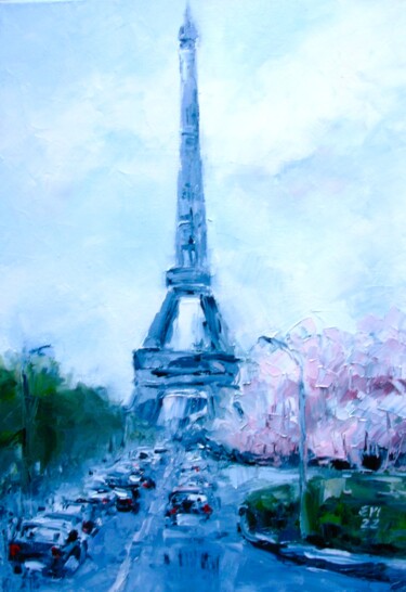 Painting titled "Paris Landscape Ori…" by Elena Ivanova, Original Artwork, Oil Mounted on Wood Stretcher frame