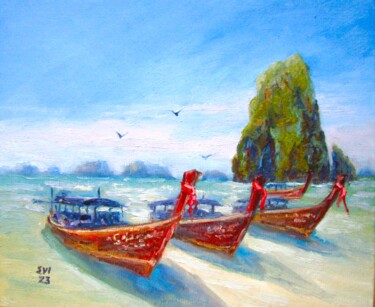 Pittura intitolato "Boats Seascape Orig…" da Elena Ivanova, Opera d'arte originale, Olio