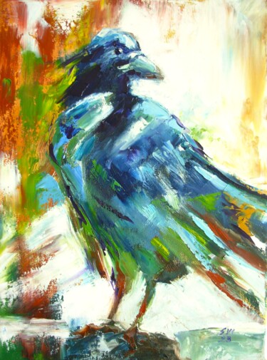 Painting titled "Crow Animal Bird Or…" by Elena Ivanova, Original Artwork, Oil Mounted on Wood Stretcher frame